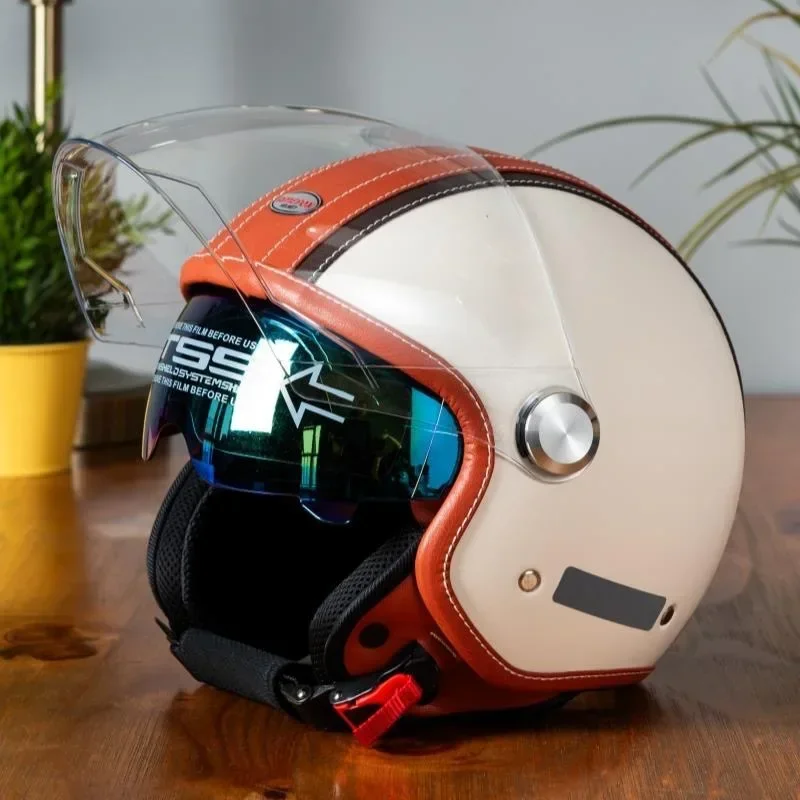 Vintage Open Face Retro Helmet - خوذة دراجة نارية جلدية عتيقة مفتوحة